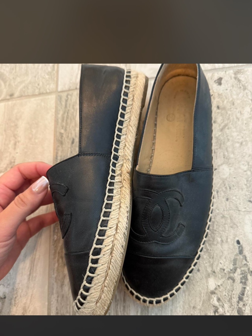 CHANEL Black Leather Espadrille Slip-Ons with CC Logo - Picture 2 of 7